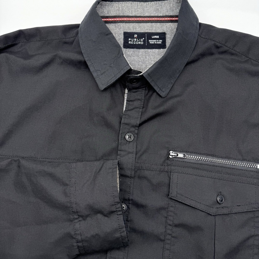 Public Record Button Down Mens Large Black Utility Zip Pocket Long Sleeve Shirt
